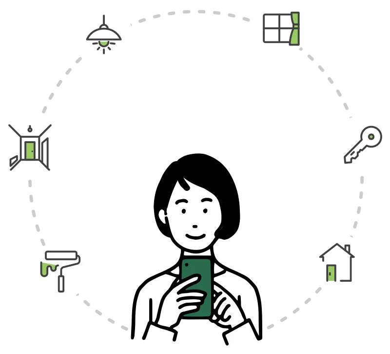 スマートフォンを持つ入居者と、照明・窓・鍵・壁など撮影するお部屋の箇所のイラスト